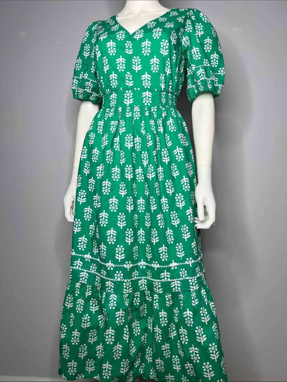 J. Crew Factory Block- Print Puff Sleeves Green Dress - Picture 4 of 12